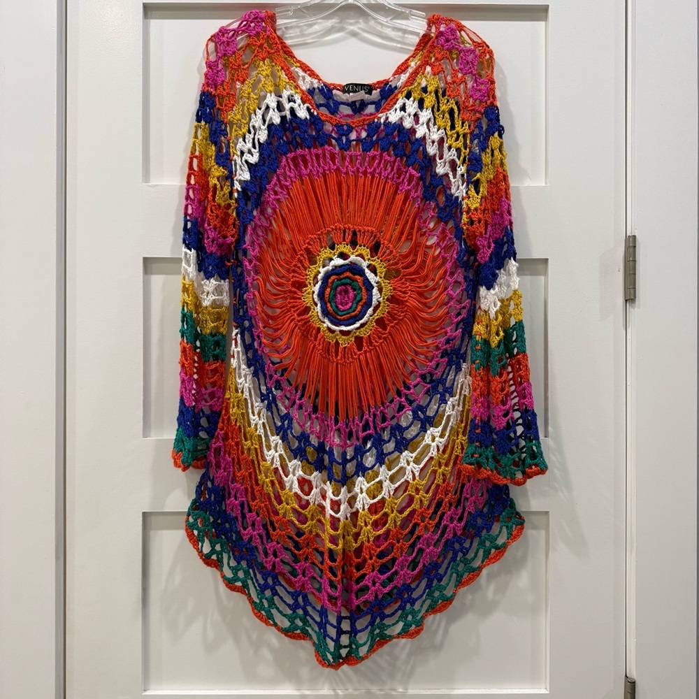 Venus Rainbow Crochet Swim Cover Up Festival Top